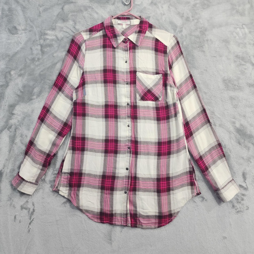 Maurices Shirt Womens S Pink White Plaid Button Front Long Sleeve Rayon Casual